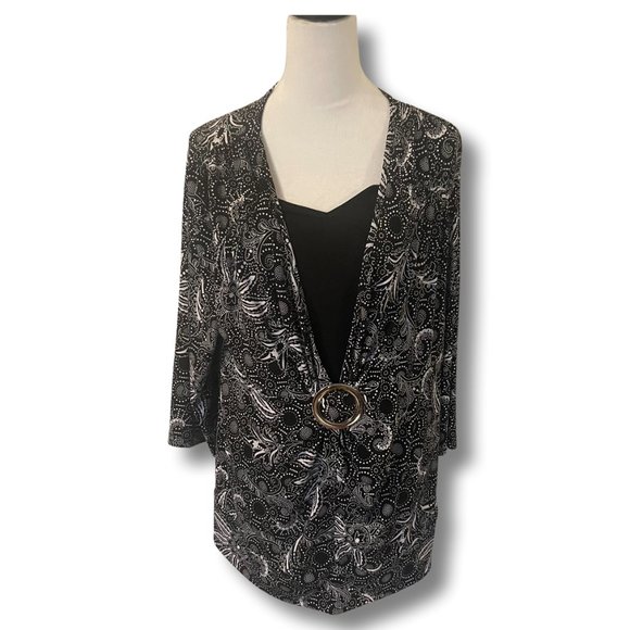 APOSTROPHE SHEER BLACK AND WHITE BLOUSE WITH BLACK SHIRT ATTACHED - Picture 1 of 4